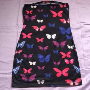 Black strapless mini butterfly printed dress